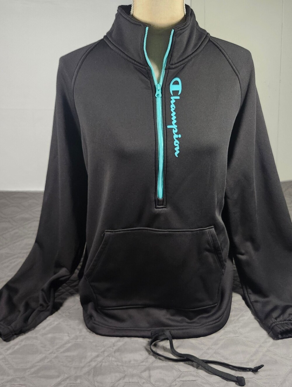 bright turquoise,black Champion women's quarter-zip fleece pullover jacket L